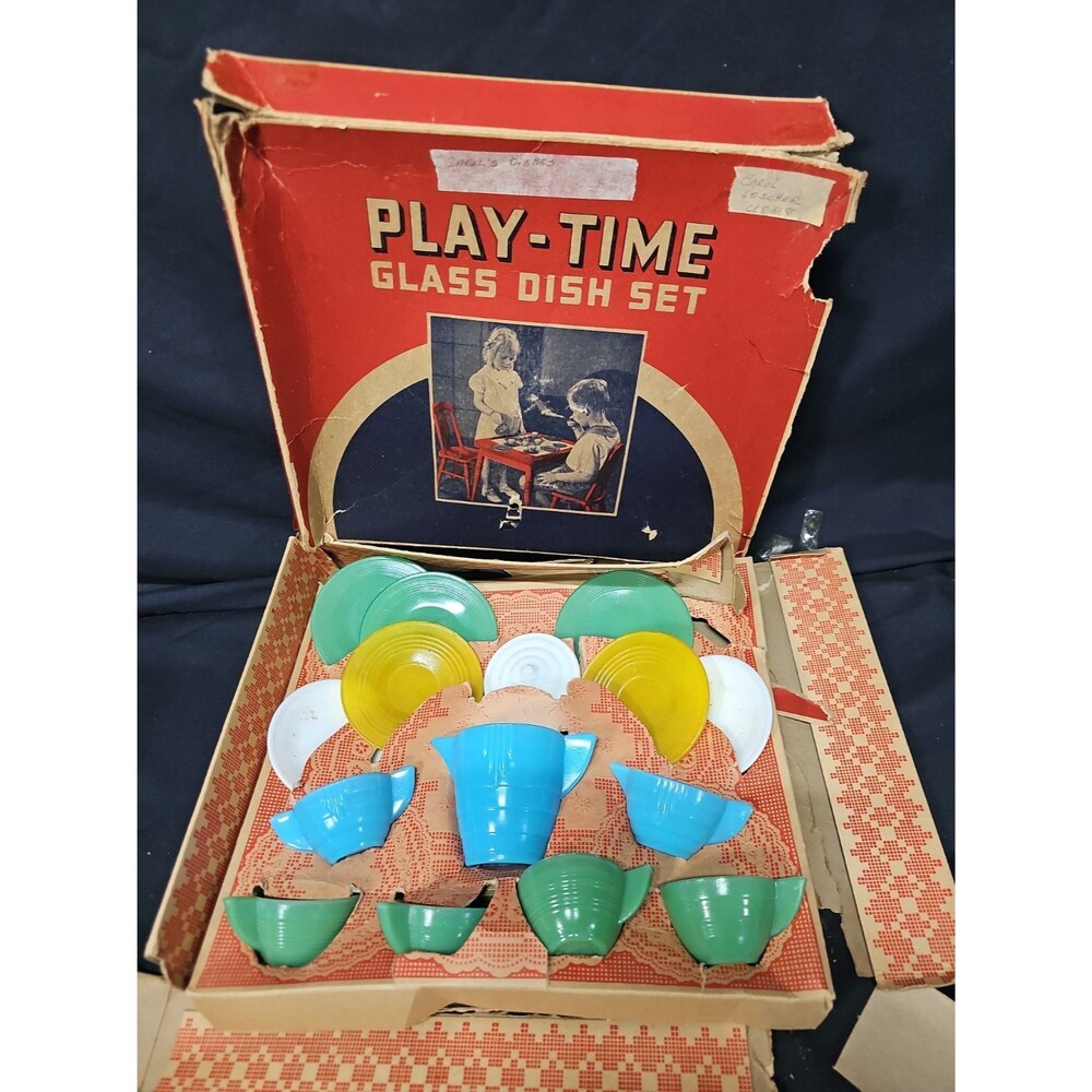 Akro Agate Play-Time Childs Glass Dish Set Original Box Incomplete